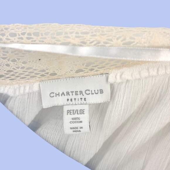 NWT CHARTER CLUB MARRAKESH WHITE & BEIGE LACE TRIM BOHO PEASANT TOP - PL - Picture 4 of 5
